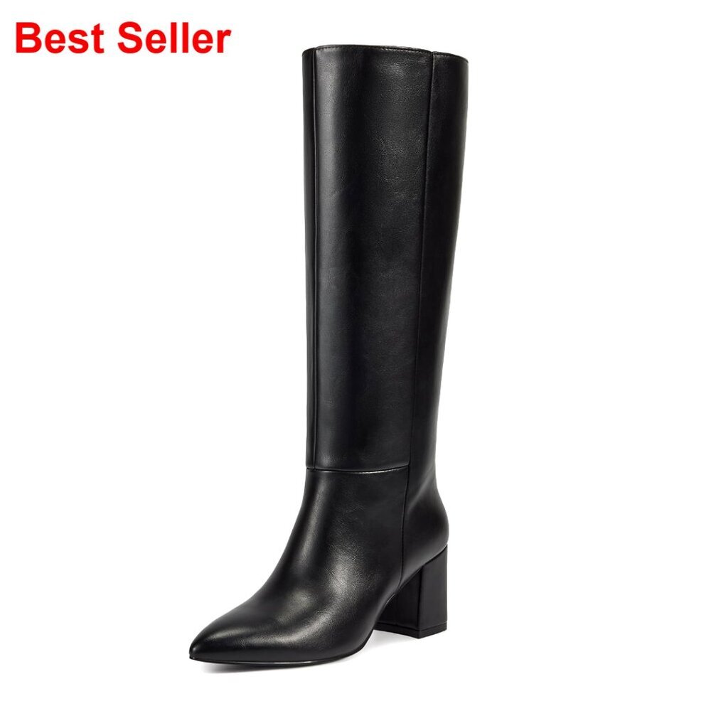 Knee High Boots Low Heel Side Zipper Almond Toe Faux Leather Comfortable Walking